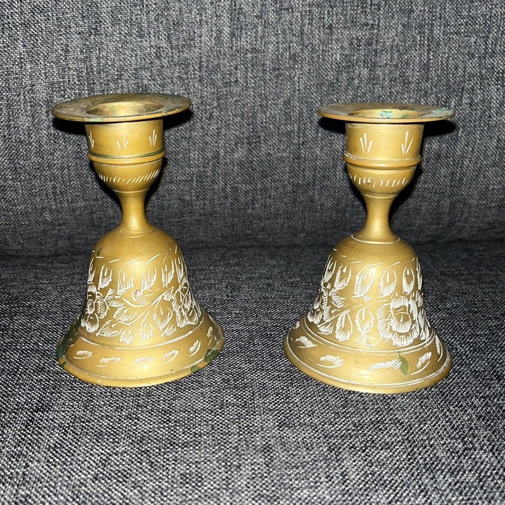 Set of 2 vintage ZY India world gift brass bell and candle holder, a collectible